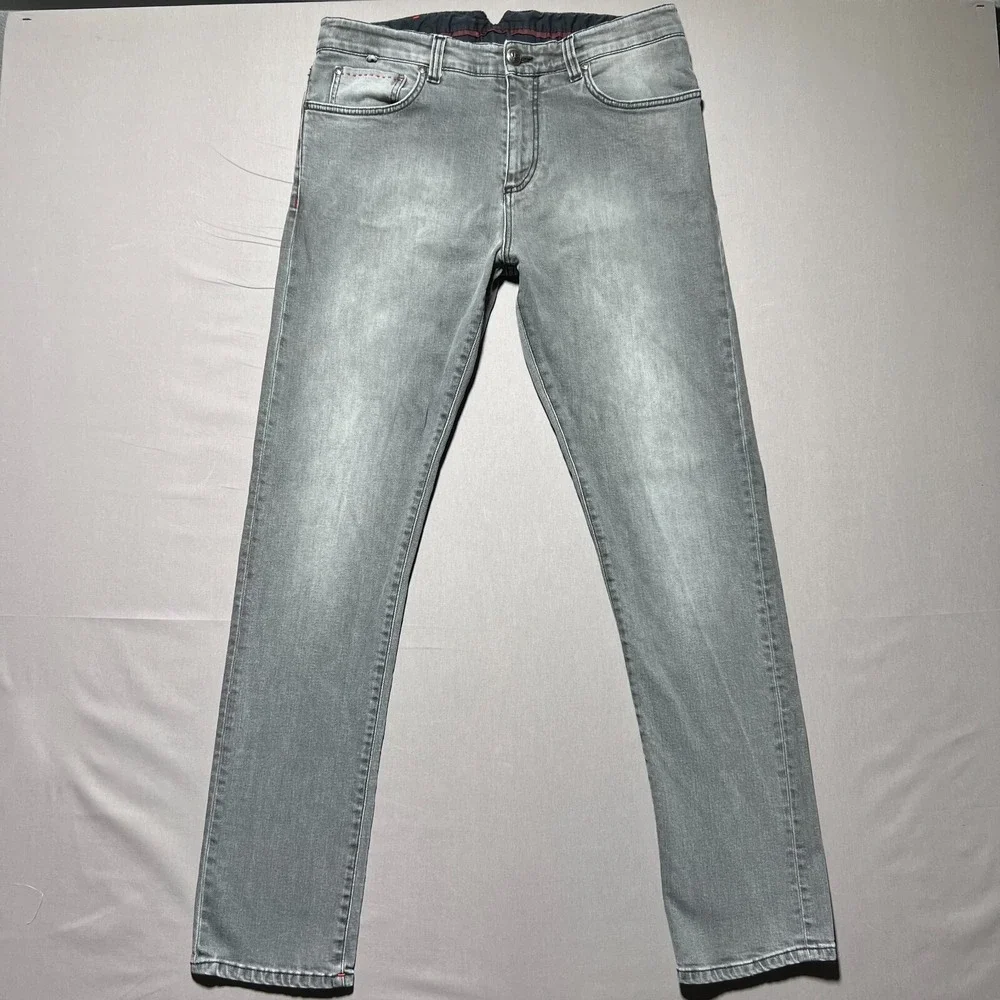 ISAIA Napoli Mens Gray Stretch Denim Mid Rise 5 Pocket Slim Straight Fit Jean 50